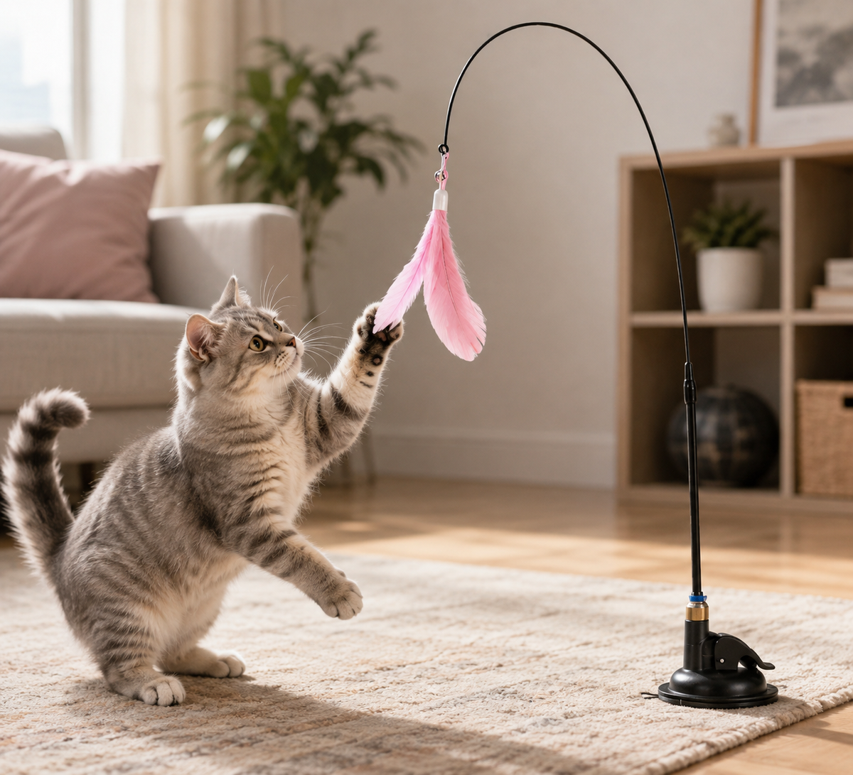 Interactive Cat Teaser Toy – Suction Cup Feather Wand with Bell