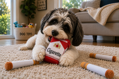Bad Habit
Dog Toy Set - Plush Cigarette
Pack & Squeaky
Cigarettes
Because every dog deserves a guilty pleasure! 😉