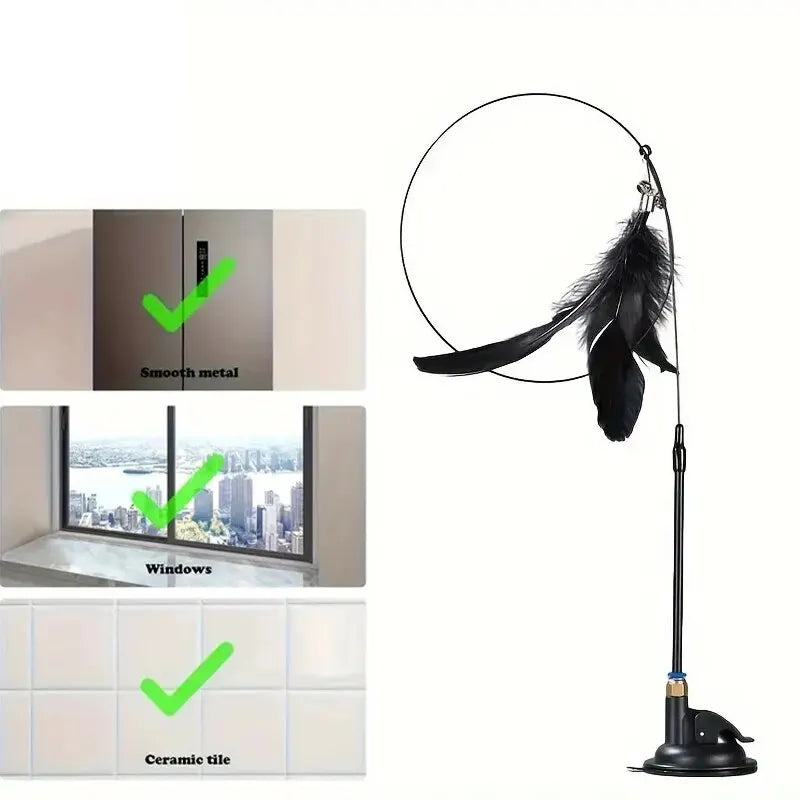 Interactive Cat Teaser Toy – Suction Cup Feather Wand with Bell